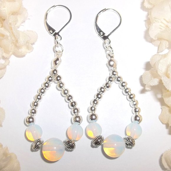 Beaded Hoop Earrings Set Faux Opal Rainbow Moonstone and Silver Teardrop 7021 - Picture 1 of 9